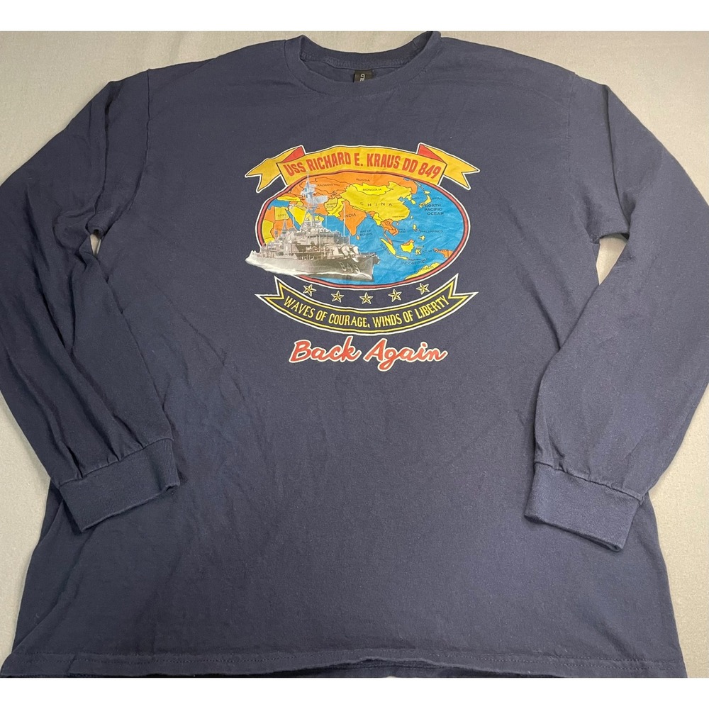 Gildan USS Richard E Kraus‎ DD 849 Navy Blue Long Sleeve Graphic T-Shirt Mens L